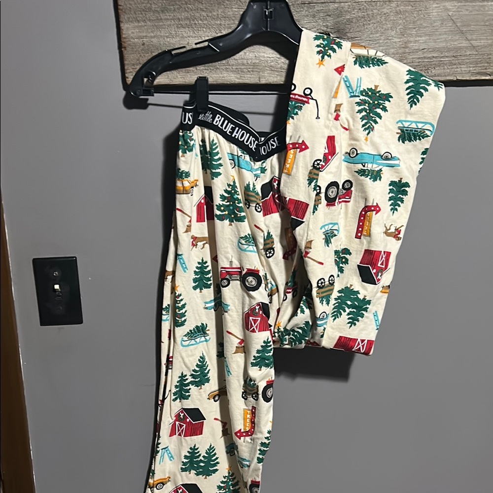 Men’s Holiday Pyjamas bottoms  - Cream with Colourful Tree Farm Print